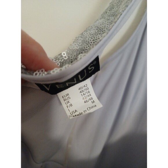 Venus Sequined Long Evening Ball Gown M Silver Gray V Neck Sleeveless Zip Slit - Picture 8 of 10
